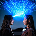 A pair of women looking at lightning

Description automatically generated